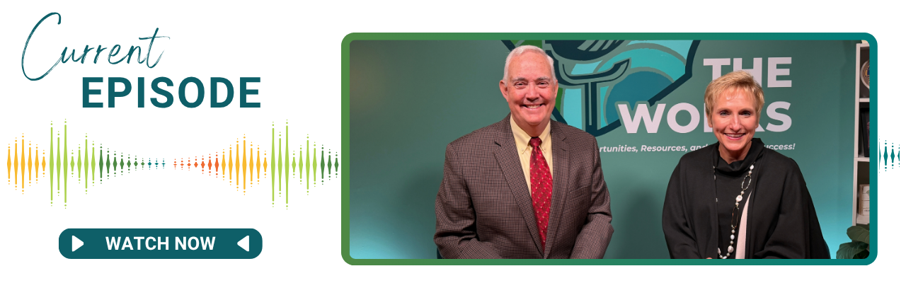 Current episode displayed to the left side with an image of two people, a man and a woman, smiling in front of a sign that says the Works podcast.